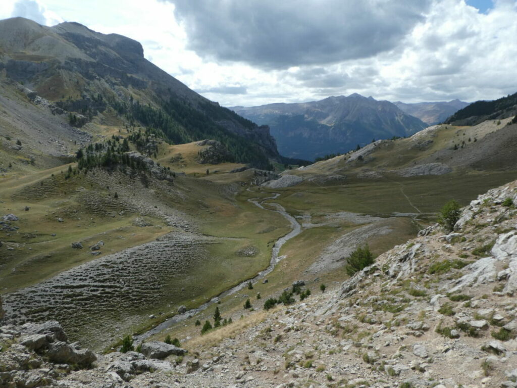 Le torrent de l'Ascension à travers les vastes prairies au pied de la tête du Puy et de la tête du Peyron